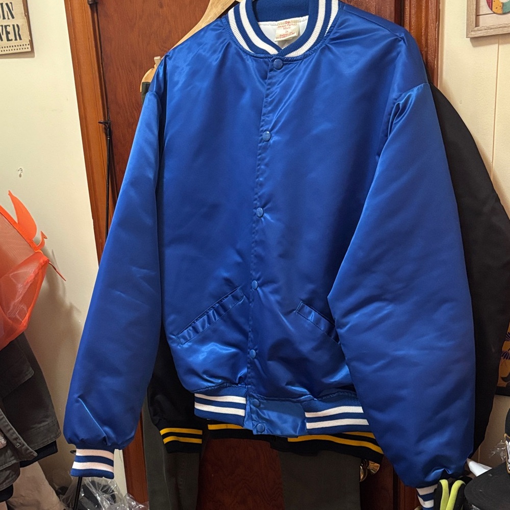 Blue Varsity Jacket vintage NOS starter inspired bomber jacket satin Vikings